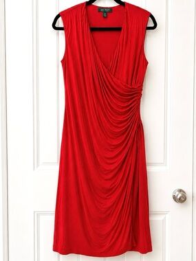 Lauren Ralph Lauren Red Sleeveless Draped Jersey V-Neck Dress